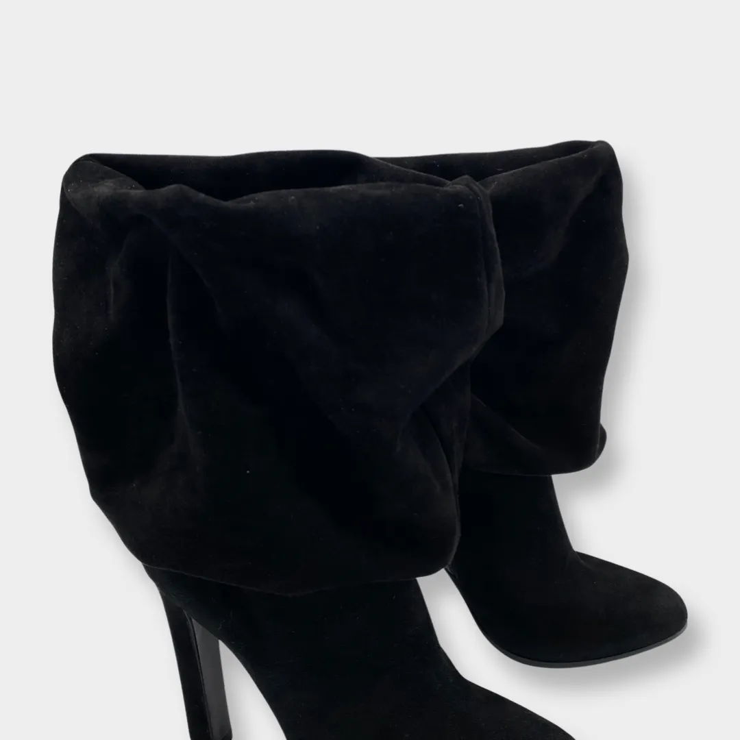 ALAÏA black suede heeled boots with oversized ankle design