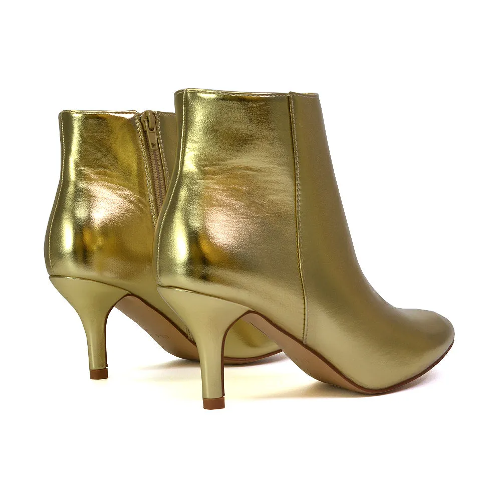 Anastasia Low mid Kitten High Heel Stiletto Zip-up Ankle Boots in Silver