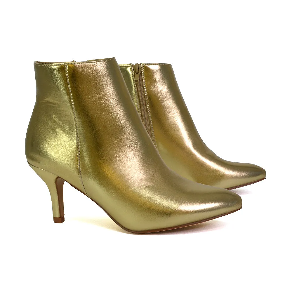 Anastasia Low mid Kitten High Heel Stiletto Zip-up Ankle Boots in Silver
