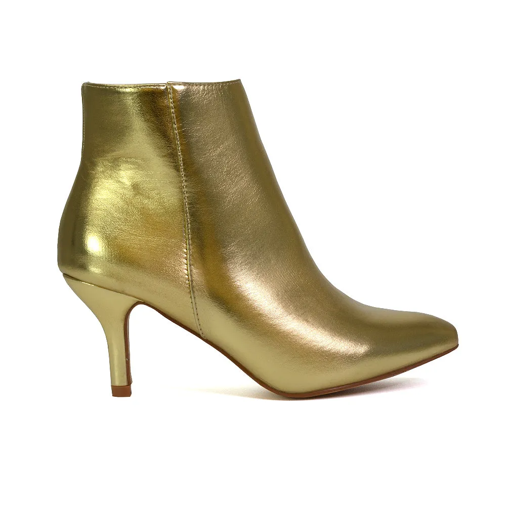 Anastasia Low mid Kitten High Heel Stiletto Zip-up Ankle Boots in Silver