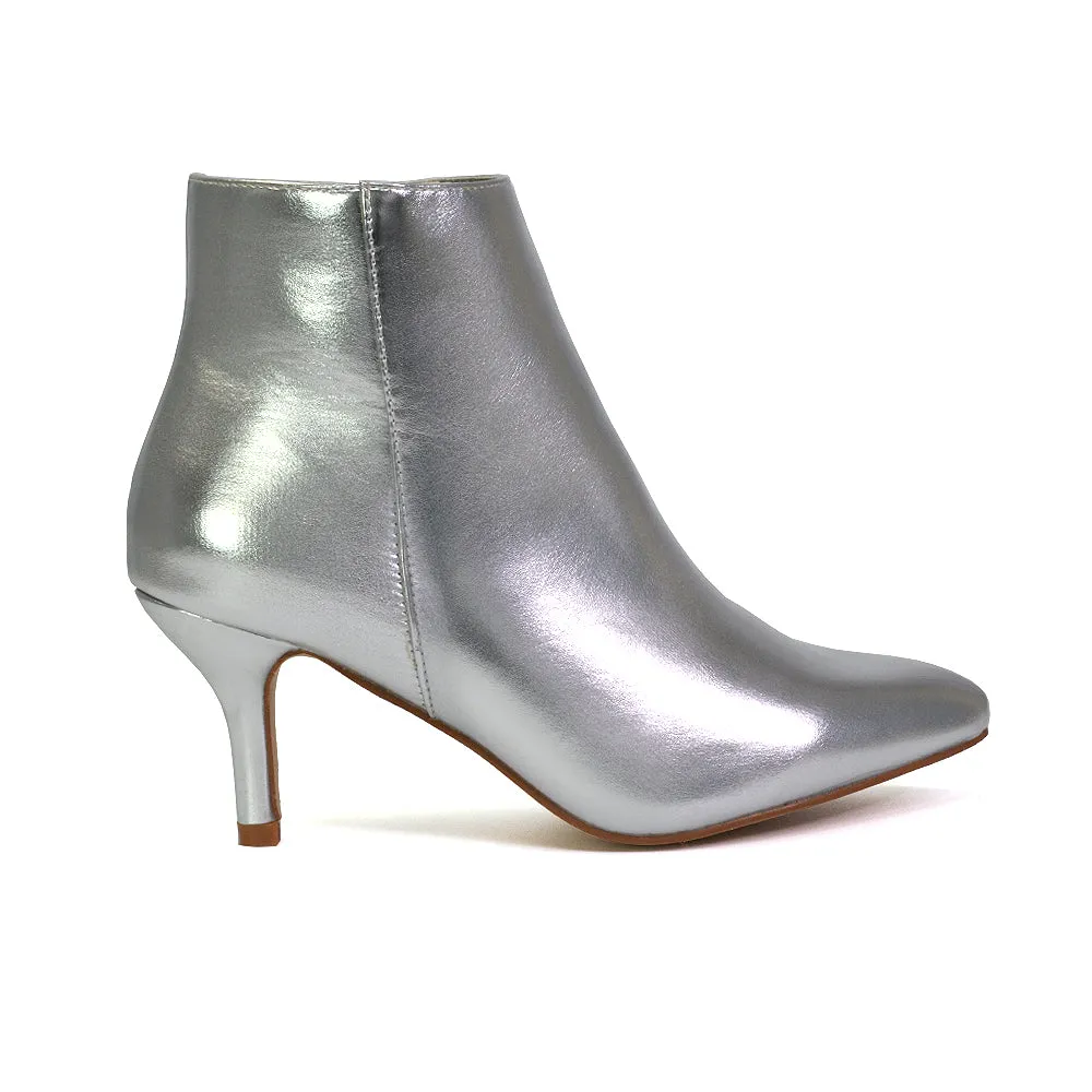 Anastasia Low mid Kitten High Heel Stiletto Zip-up Ankle Boots in Silver