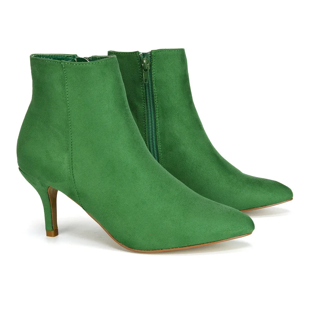 Anastasia Low mid Kitten High Heel Stiletto Zip-up Ankle Boots in Silver