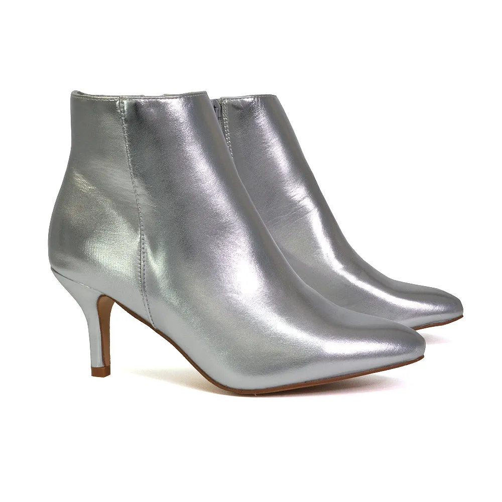 Anastasia Low mid Kitten High Heel Stiletto Zip-up Ankle Boots in Silver