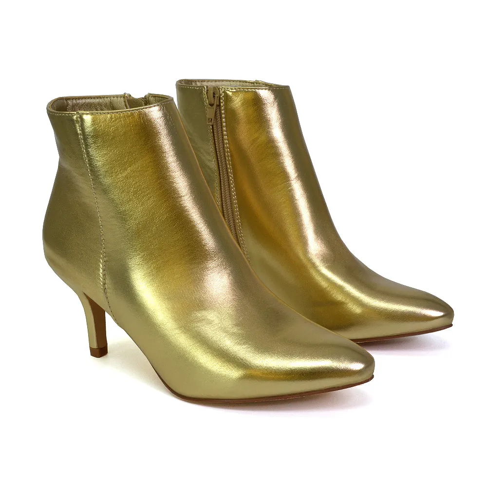 Anastasia Low mid Kitten High Heel Stiletto Zip-up Ankle Boots in Silver