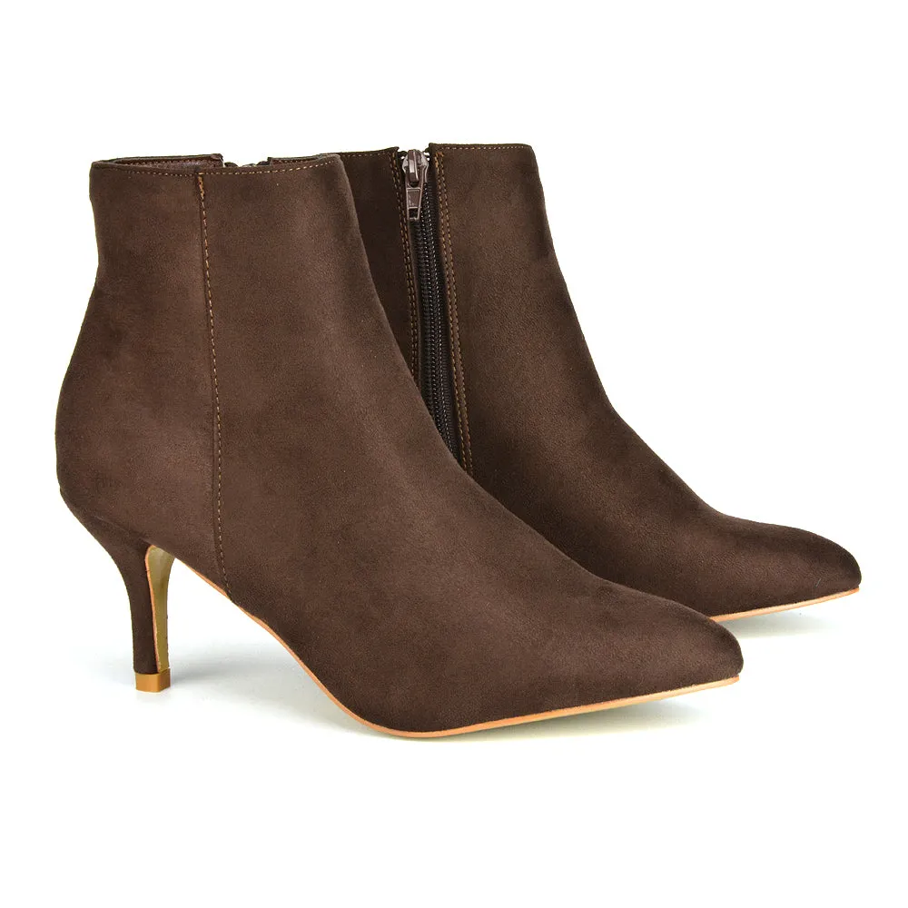 Anastasia Low mid Kitten High Heel Stiletto Zip-up Ankle Boots in Silver