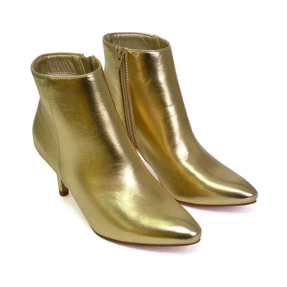 Anastasia Low mid Kitten High Heel Stiletto Zip-up Ankle Boots in Silver