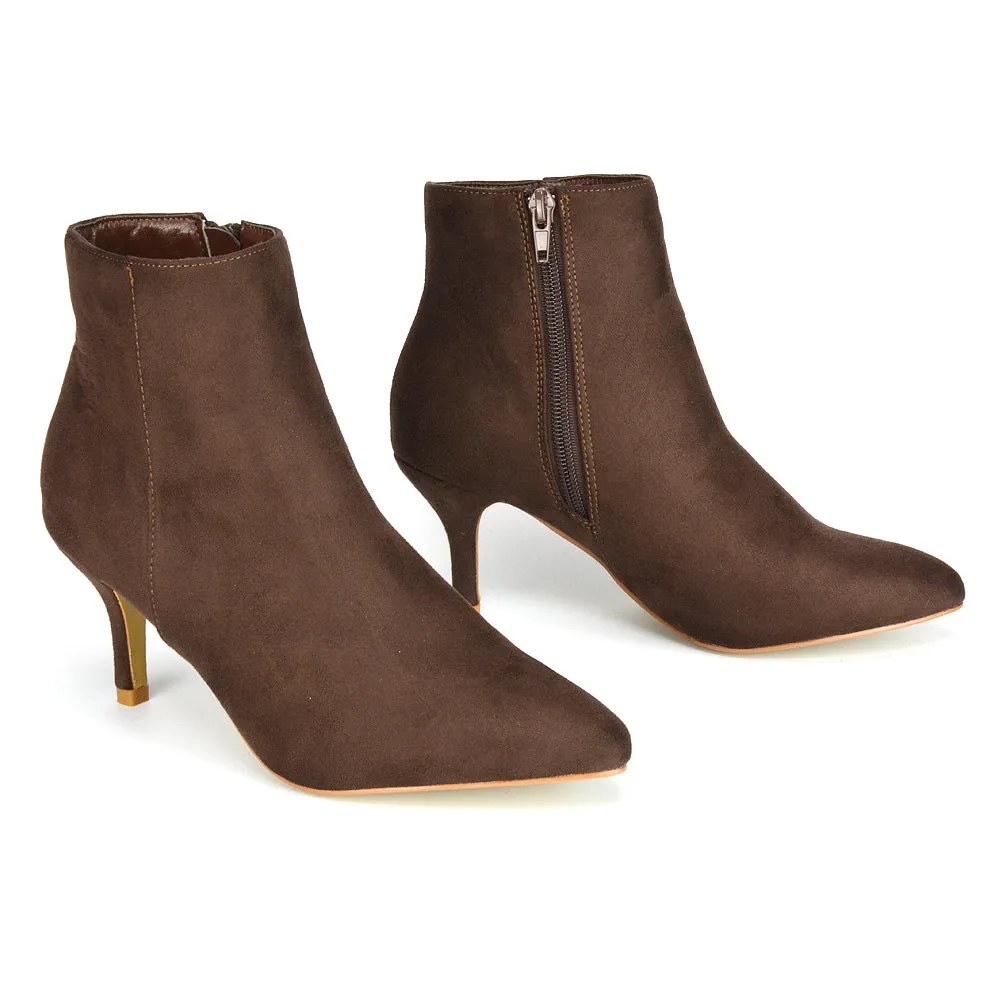 Anastasia Low mid Kitten High Heel Stiletto Zip-up Ankle Boots in Silver