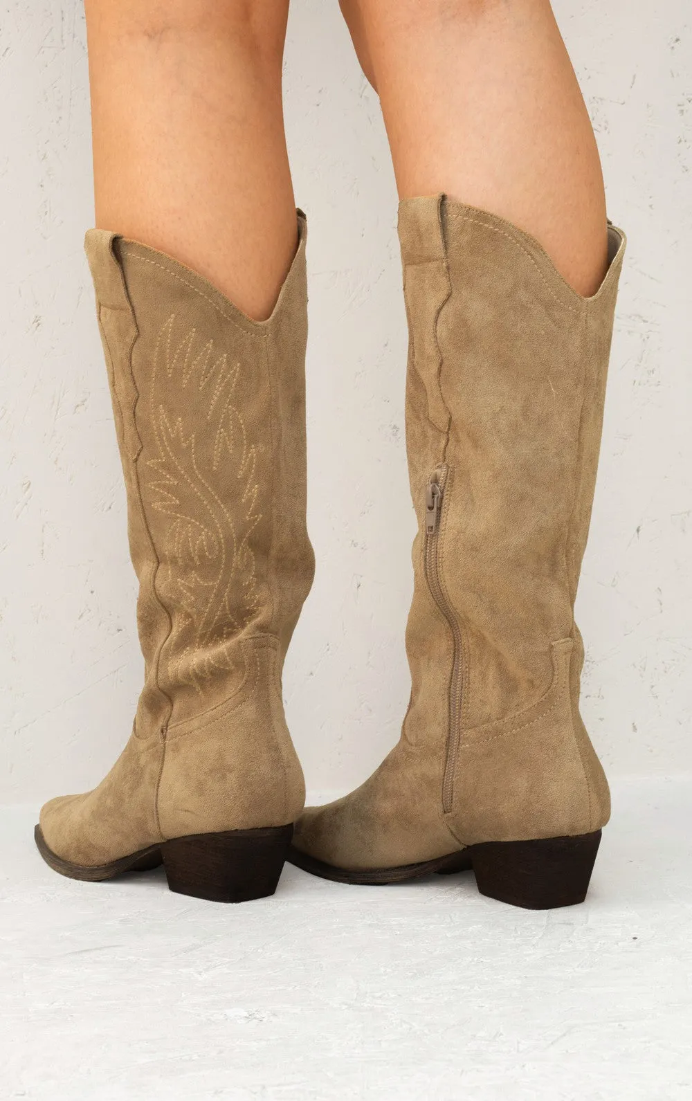 Beige Mid Calf Embroidered Faux Suede Cowboy Boots