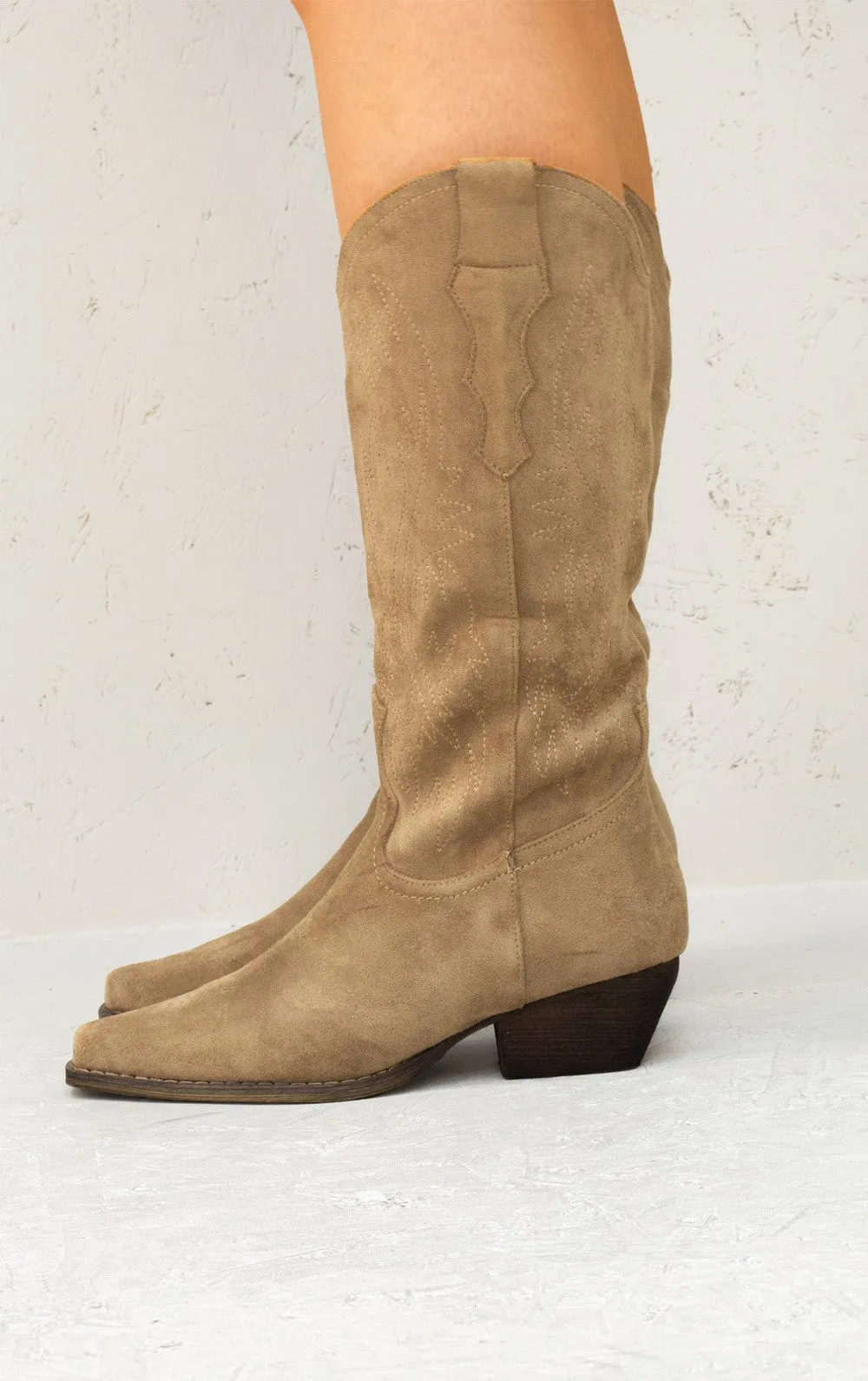 Beige Mid Calf Embroidered Faux Suede Cowboy Boots