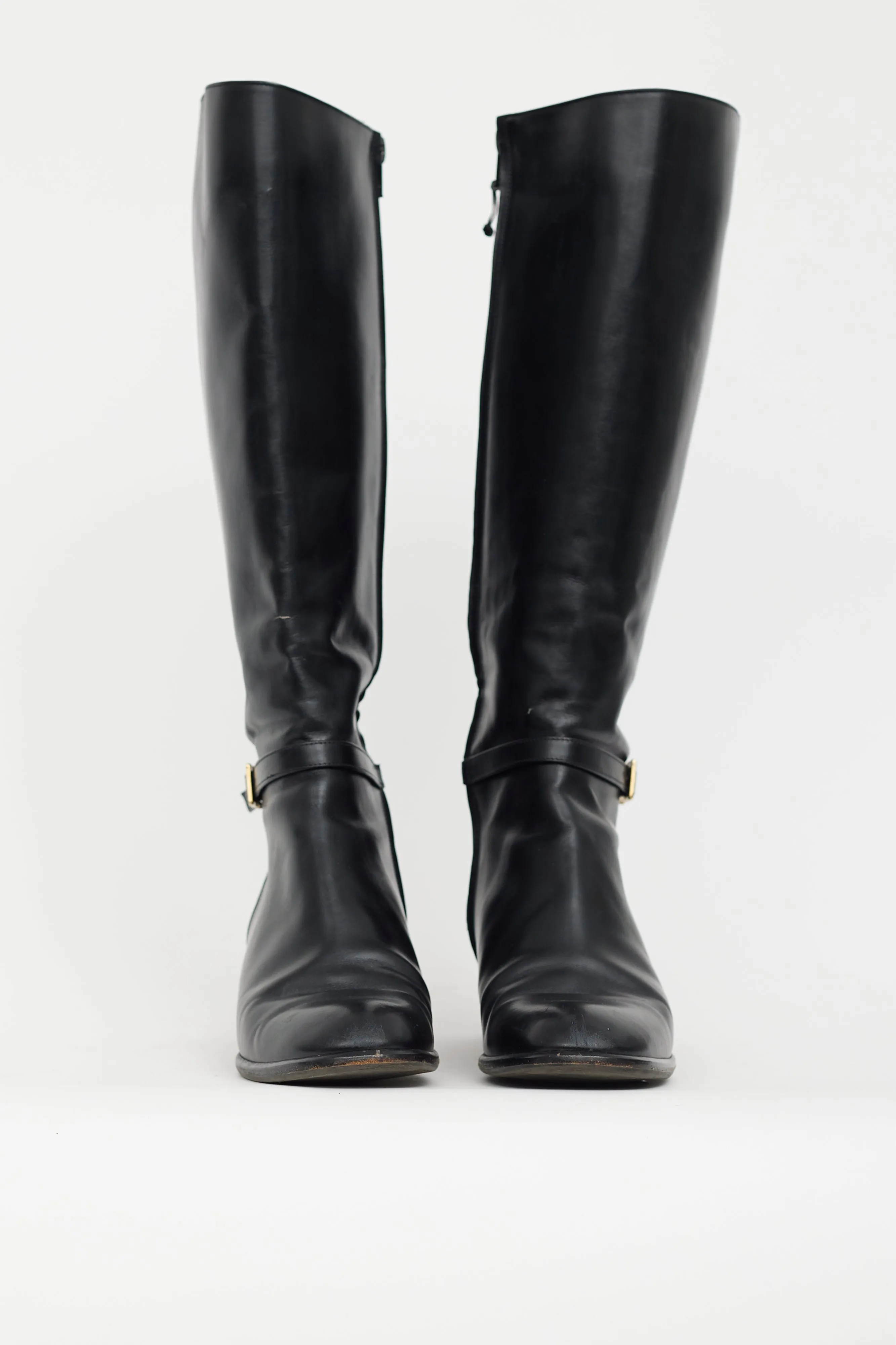 Black Leather Ankle Buckle Heeled Boot