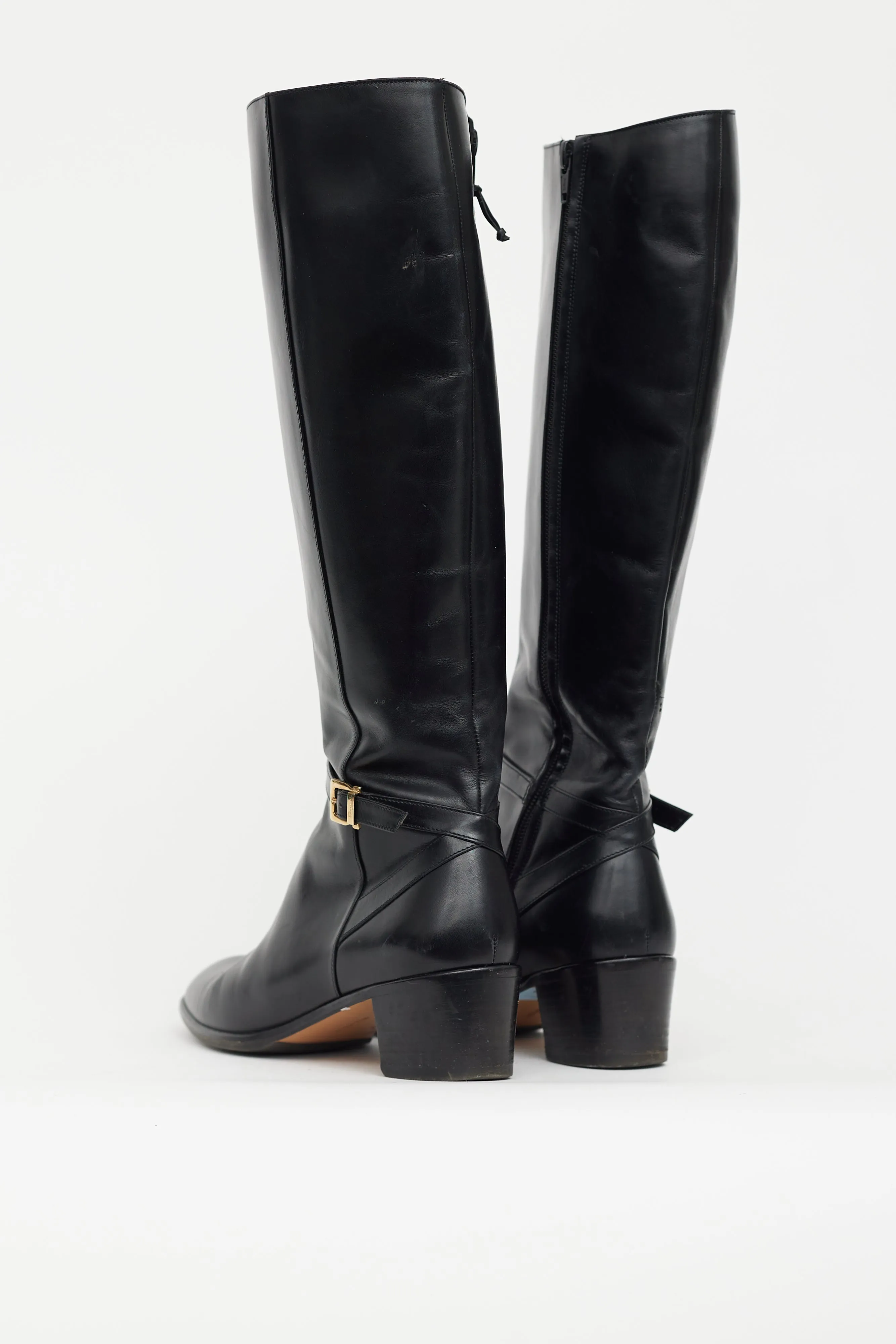 Black Leather Ankle Buckle Heeled Boot
