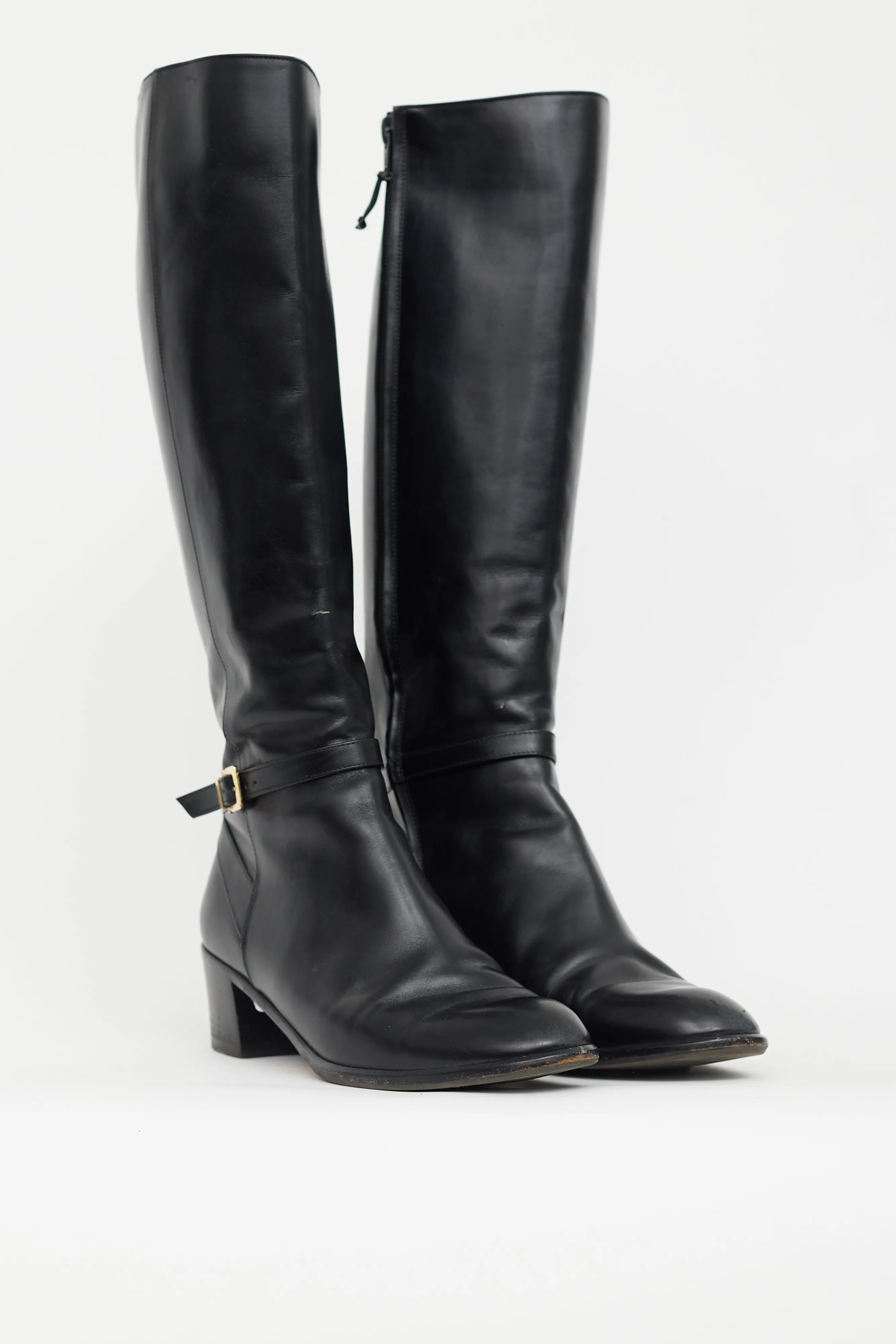 Black Leather Ankle Buckle Heeled Boot