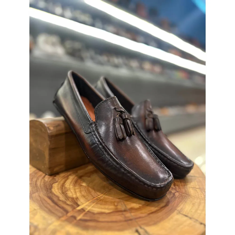 Brown Patina Tassel Driving Loafers