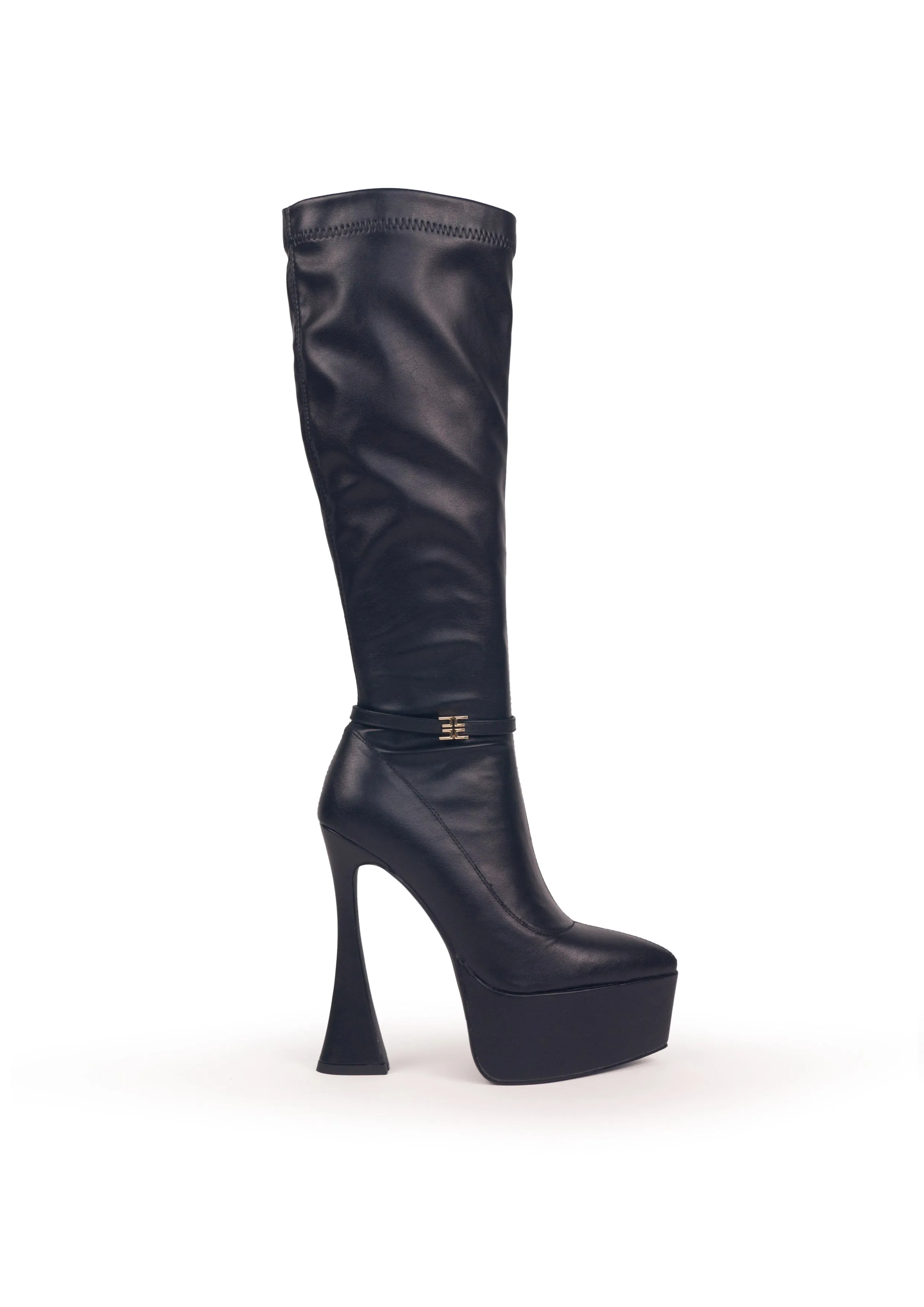 BRYANNA Black - Under the knee high heeled platform boots 
