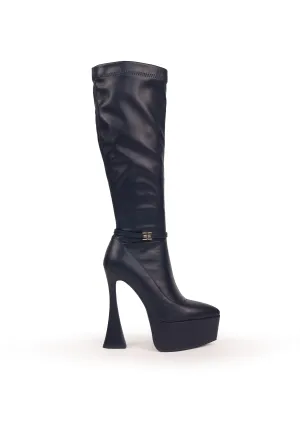 BRYANNA Black - Under the knee high heeled platform boots 
