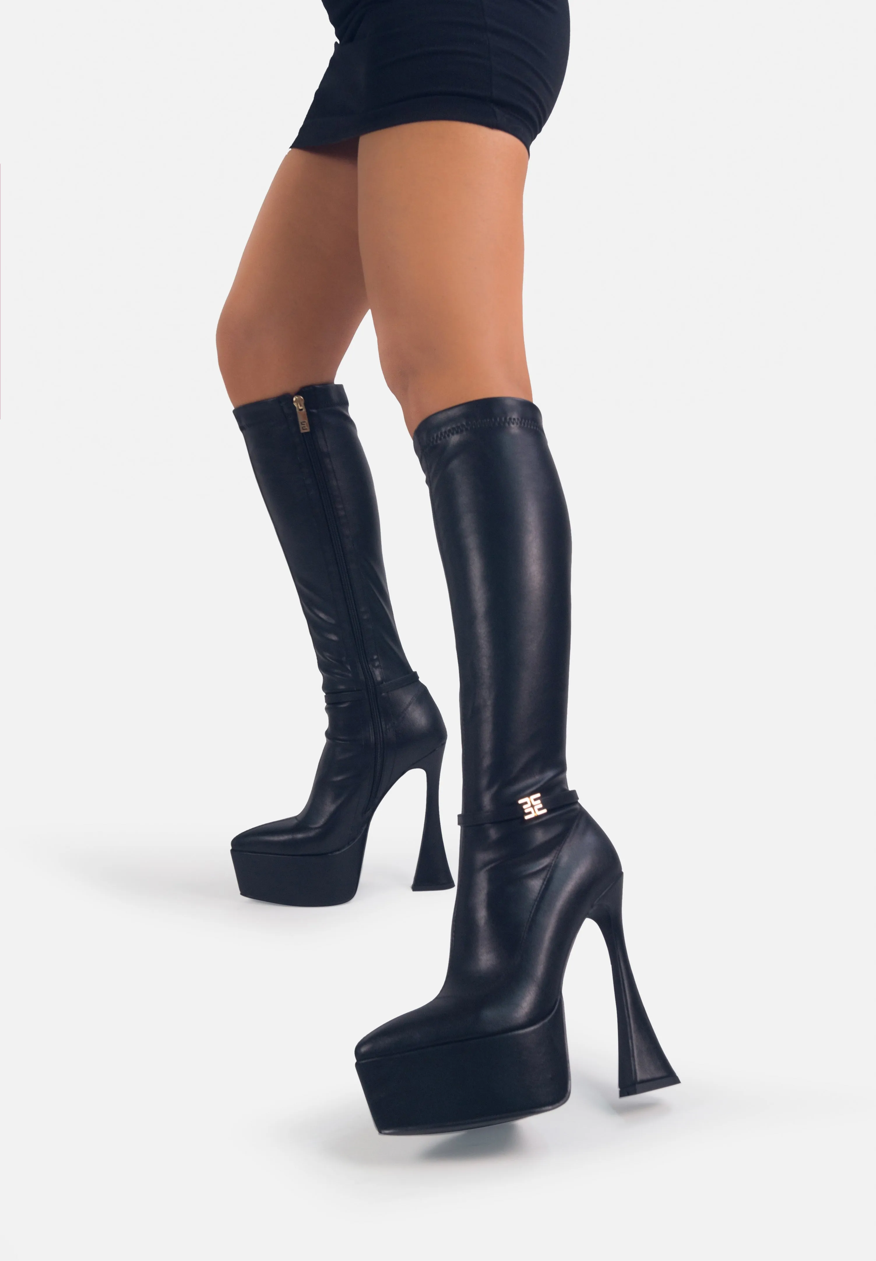 BRYANNA Black - Under the knee high heeled platform boots 