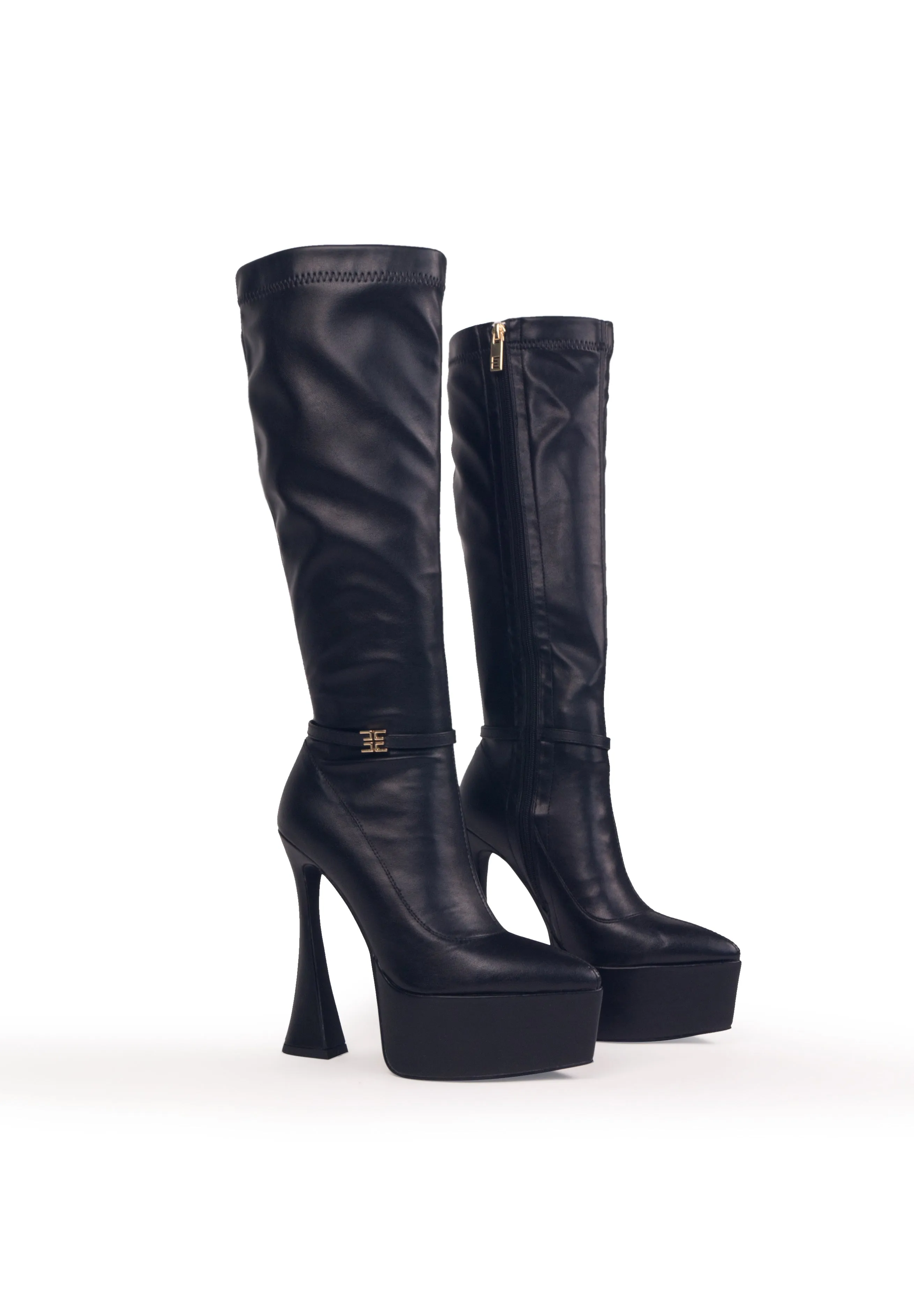 BRYANNA Black - Under the knee high heeled platform boots 