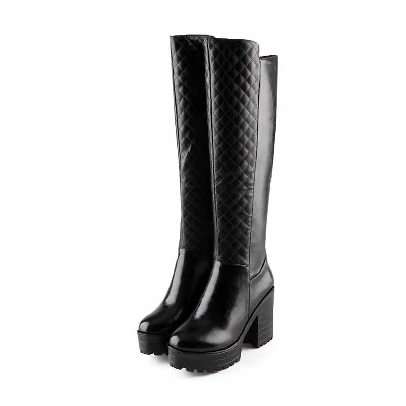 Chunky High Heeled PU Leather Boots Platform Knee High Boots