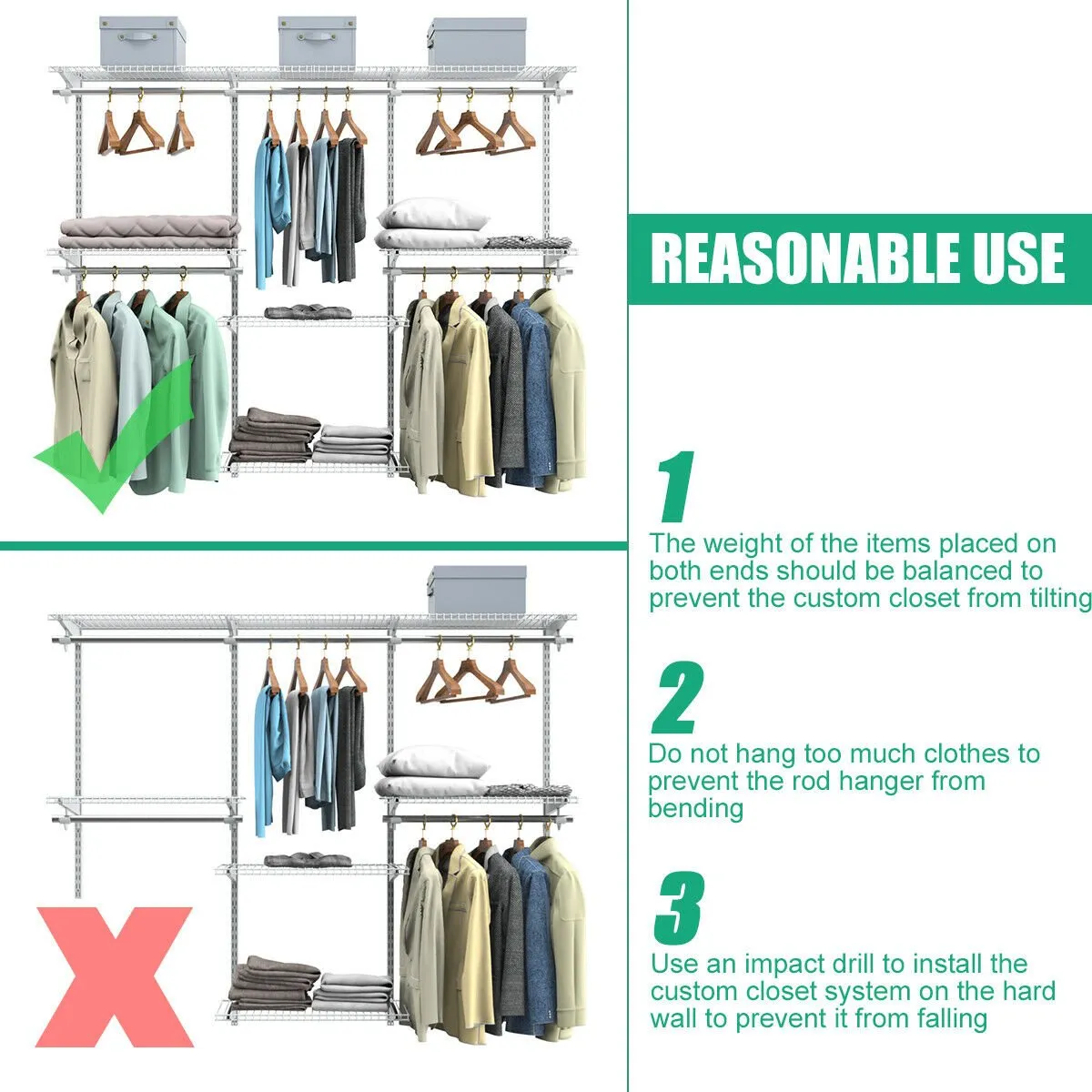 Closet Organiser System with Hanging Rod and Adjustable Metal Rail