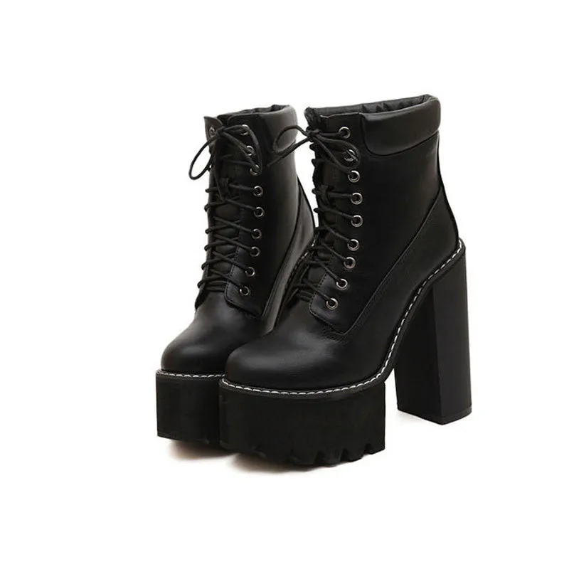 Cool Round Head Block Color Chunky High-Heeled Boots