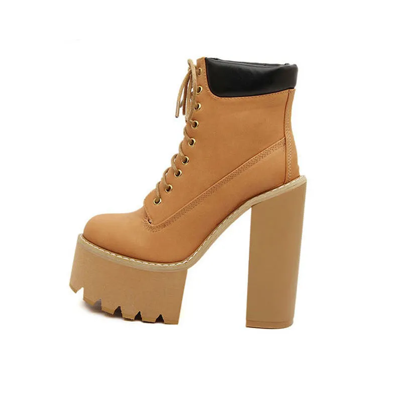 Cool Round Head Block Color Chunky High-Heeled Boots