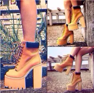 Cool Round Head Block Color Chunky High-Heeled Boots