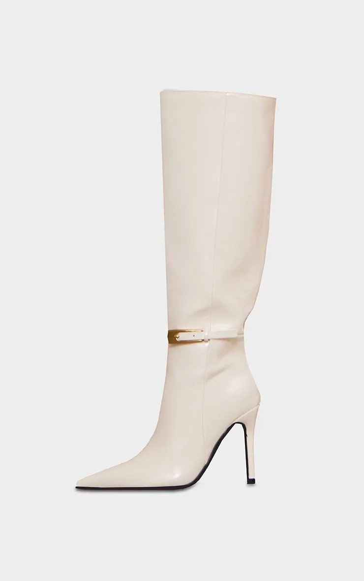 Cream Wide Fit Patent PU Point Toe Knee High Stiletto Heeled Boots
