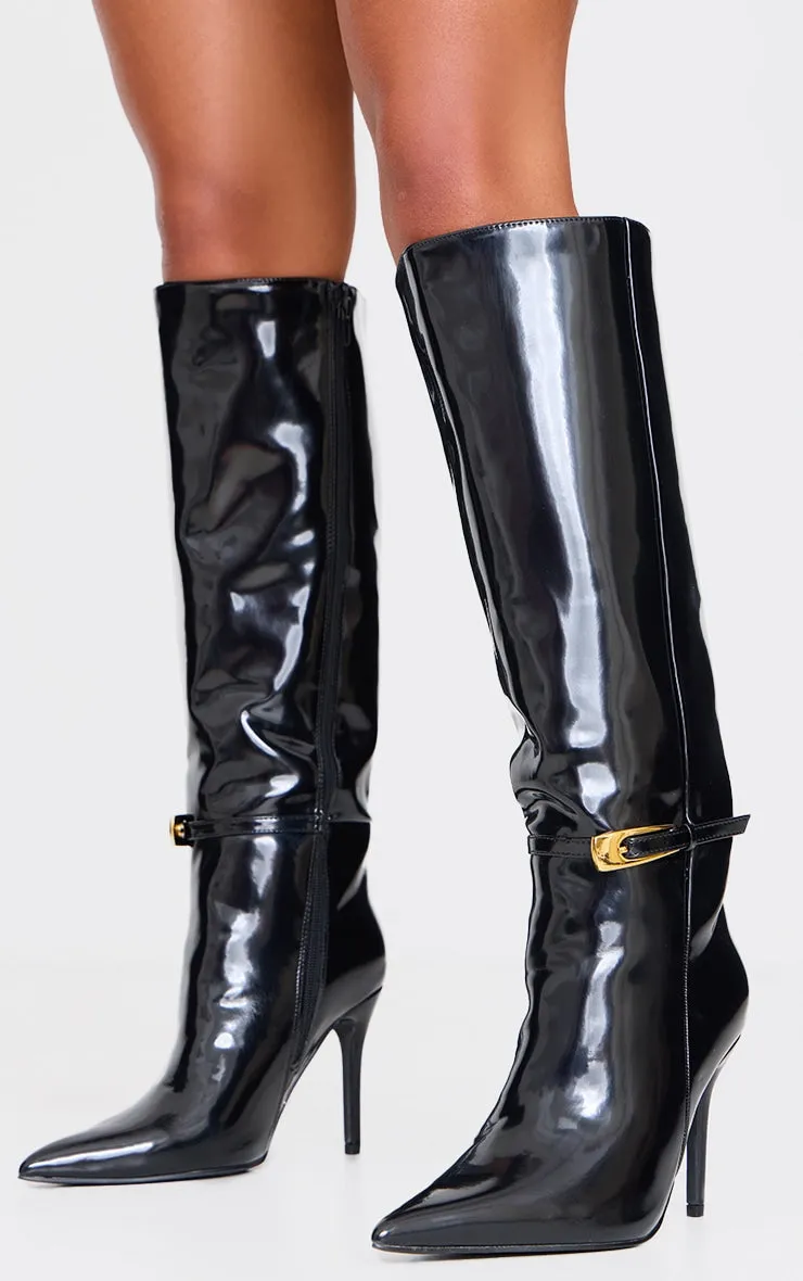 Cream Wide Fit Patent PU Point Toe Knee High Stiletto Heeled Boots