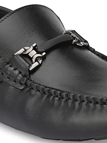 HITZ Men's Black Leather Slip On Loafer Shoes - 11