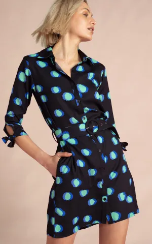Jonah Mini Shirt Dress in Polka Dot Blue on Black