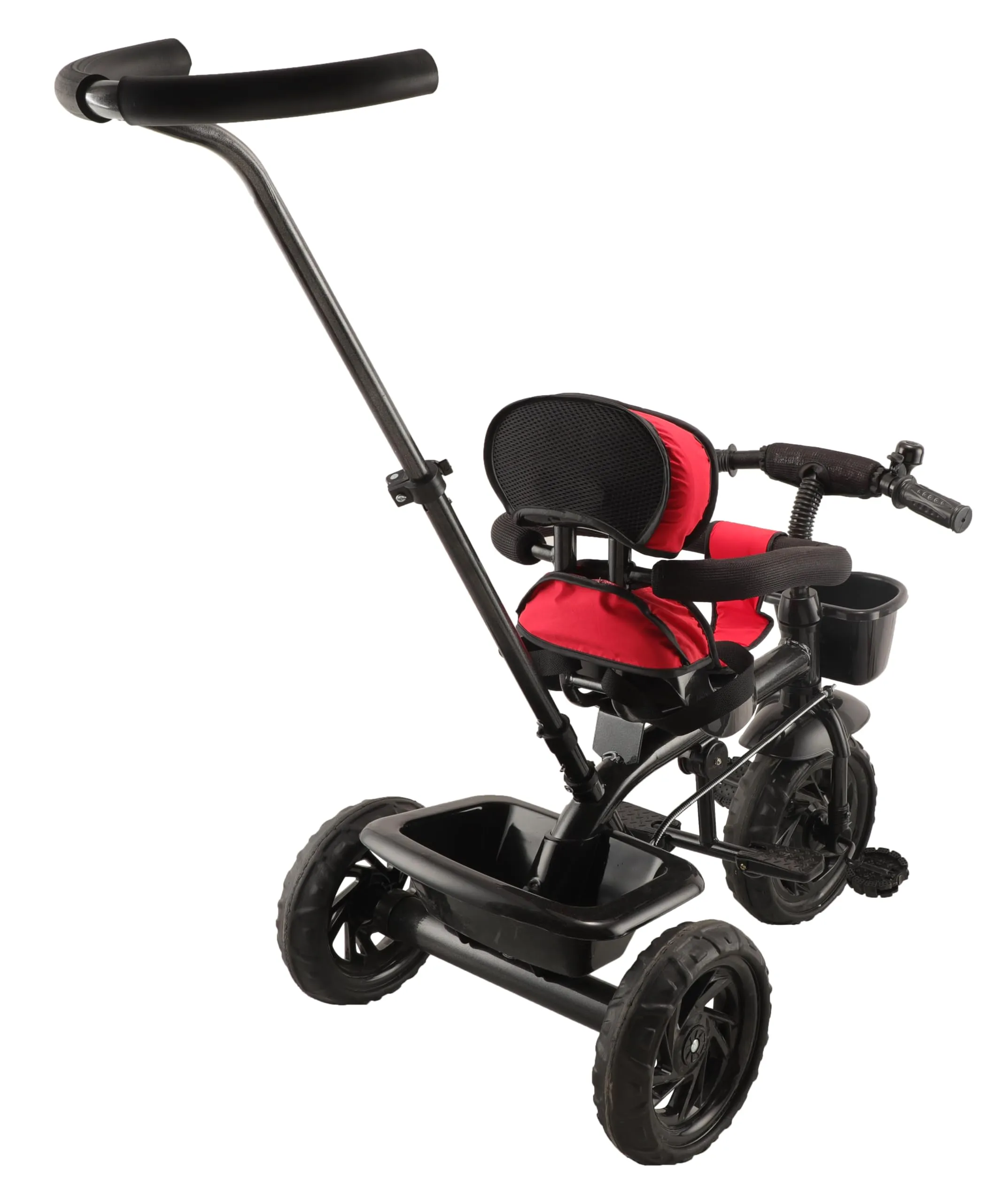 JoyRide Learn-To-Ride Trike On 3 Wheels With Safety Harness, Non-Slip Pedal,Storage Basket And Removable Parent Handle, Black, Red, Kids