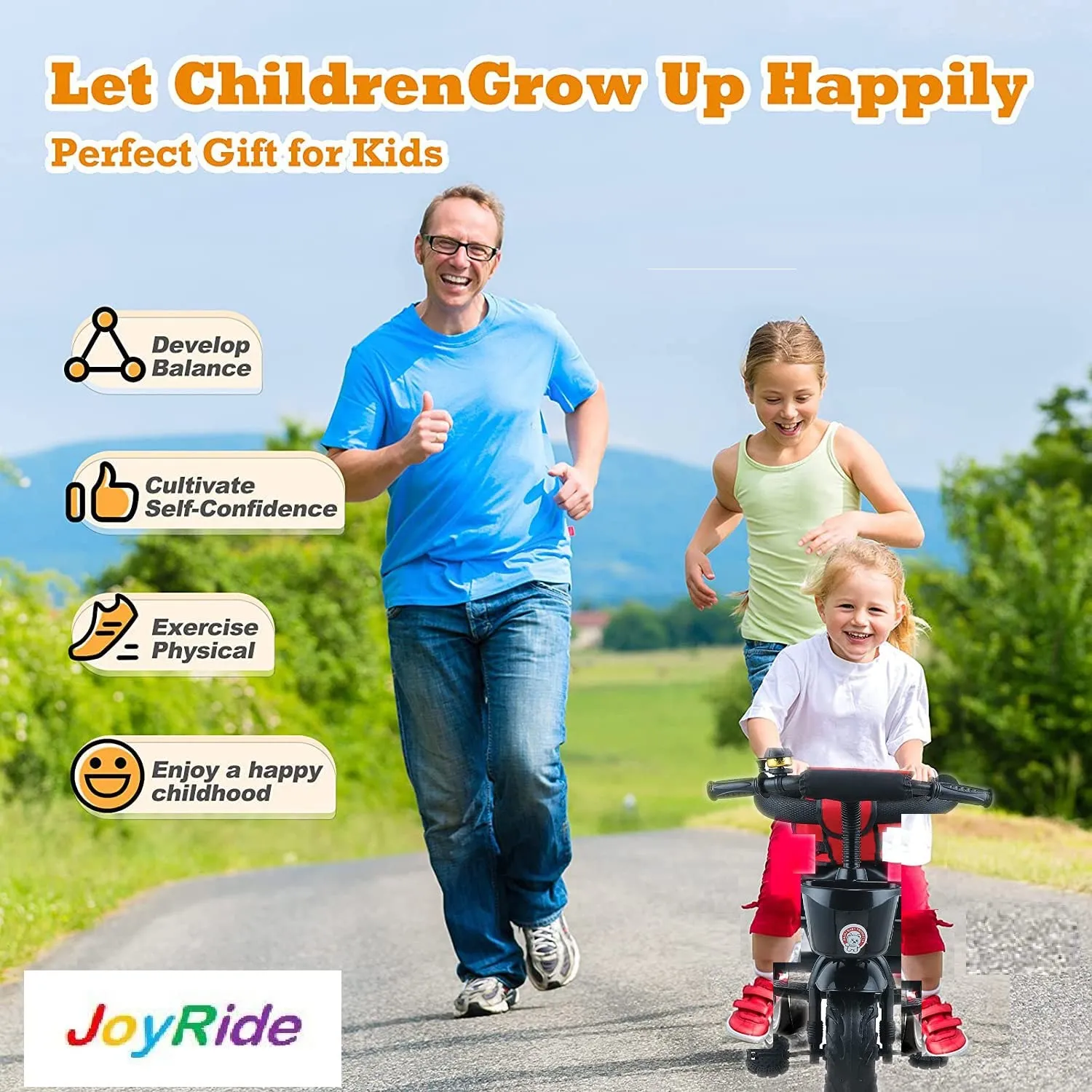 JoyRide Learn-To-Ride Trike On 3 Wheels With Safety Harness, Non-Slip Pedal,Storage Basket And Removable Parent Handle, Black, Red, Kids