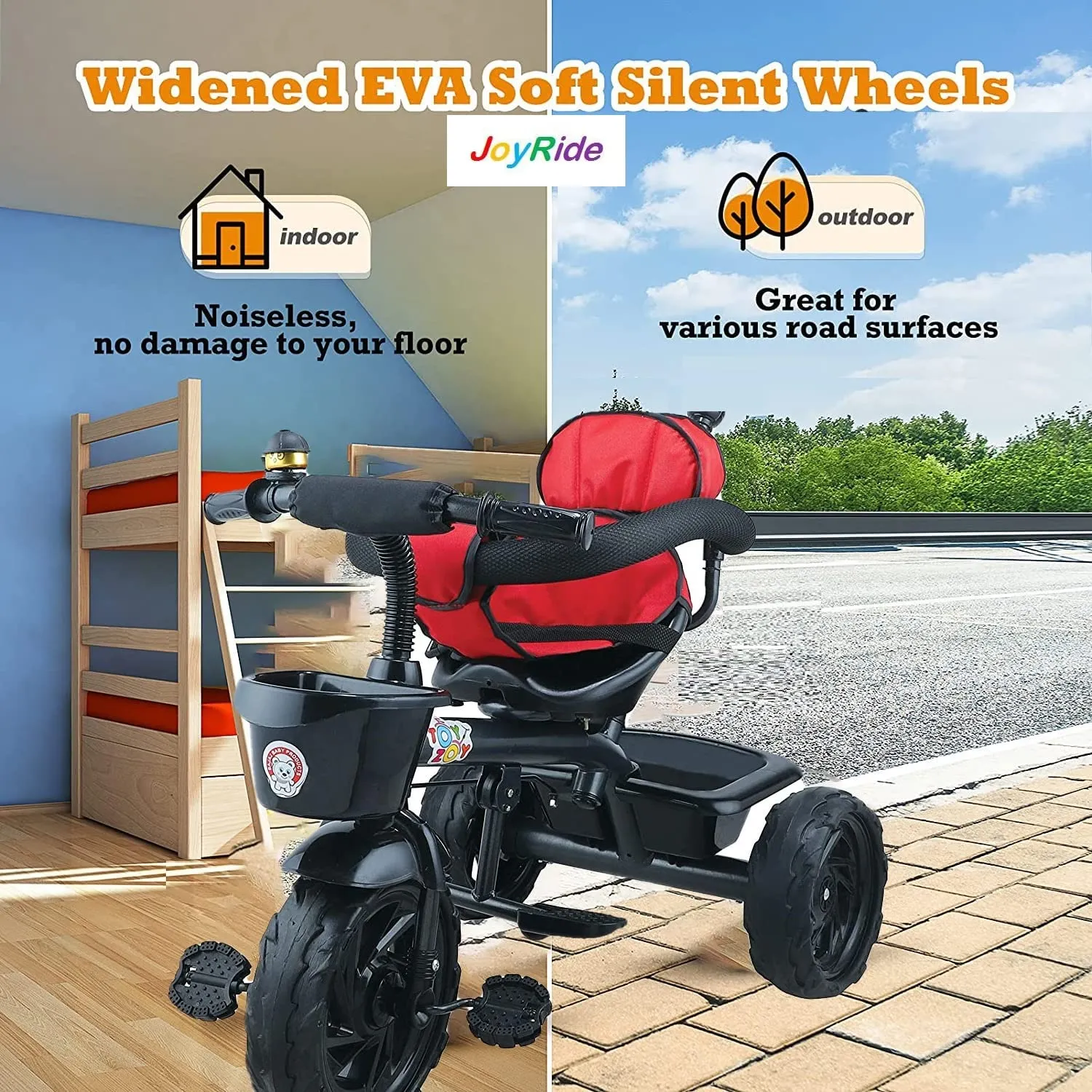 JoyRide Learn-To-Ride Trike On 3 Wheels With Safety Harness, Non-Slip Pedal,Storage Basket And Removable Parent Handle, Black, Red, Kids