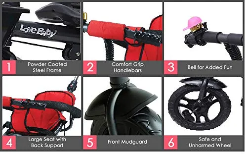JoyRide Learn-To-Ride Trike On 3 Wheels With Safety Harness, Non-Slip Pedal,Storage Basket And Removable Parent Handle, Black, Red, Kids