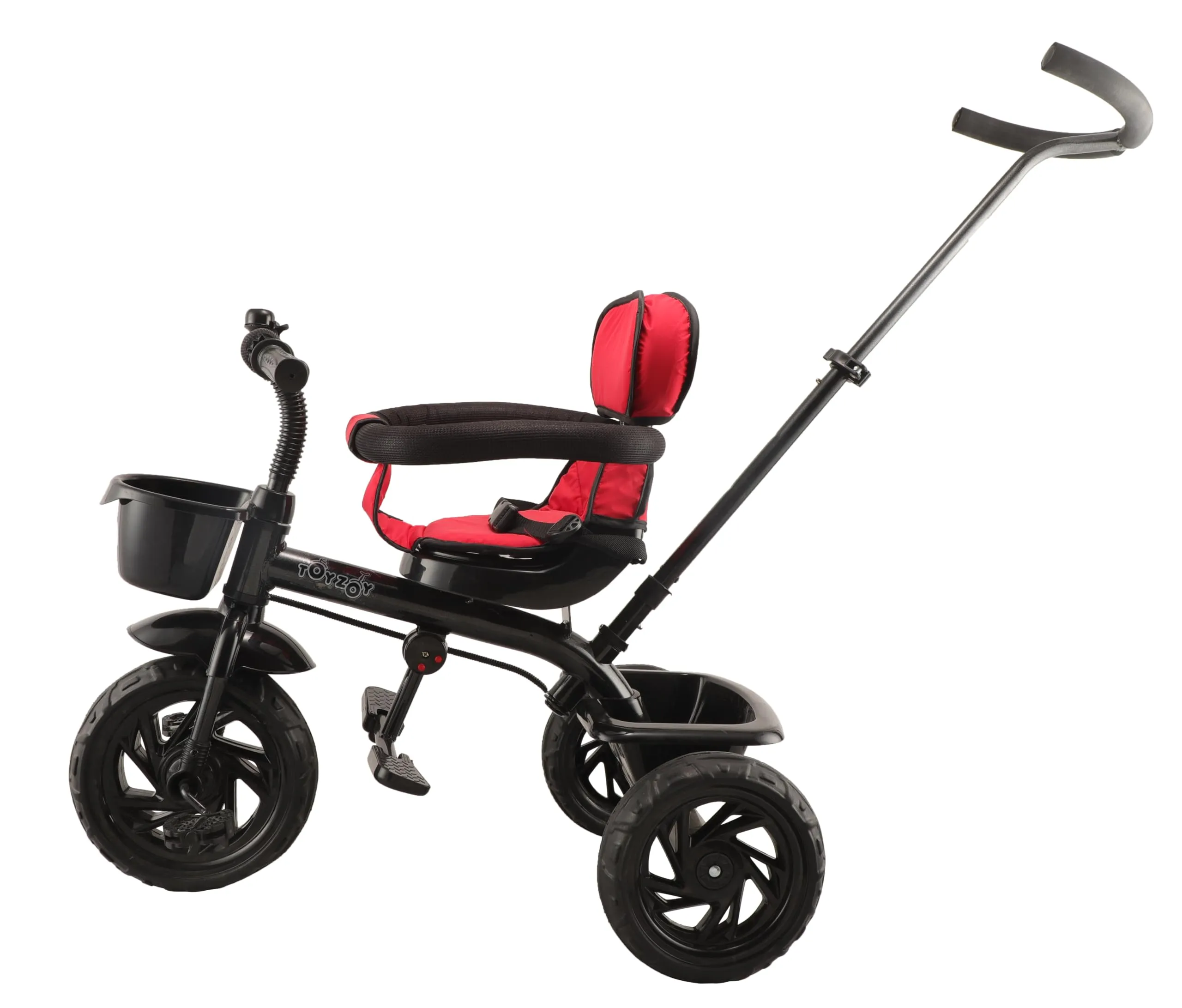 JoyRide Learn-To-Ride Trike On 3 Wheels With Safety Harness, Non-Slip Pedal,Storage Basket And Removable Parent Handle, Black, Red, Kids