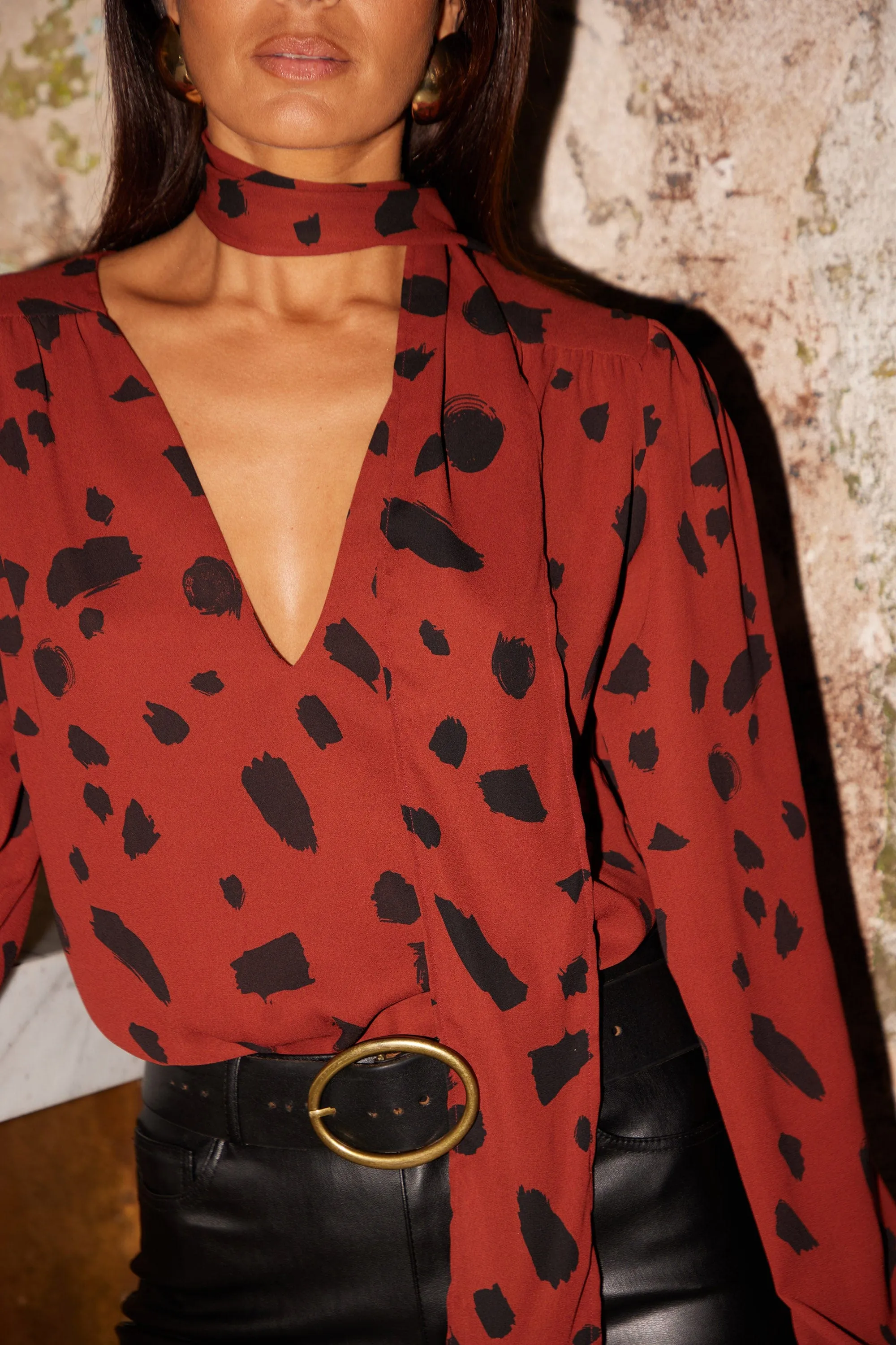 Lyma (multi-way) Tie Neck Top In Abstract Dot Black On Rust