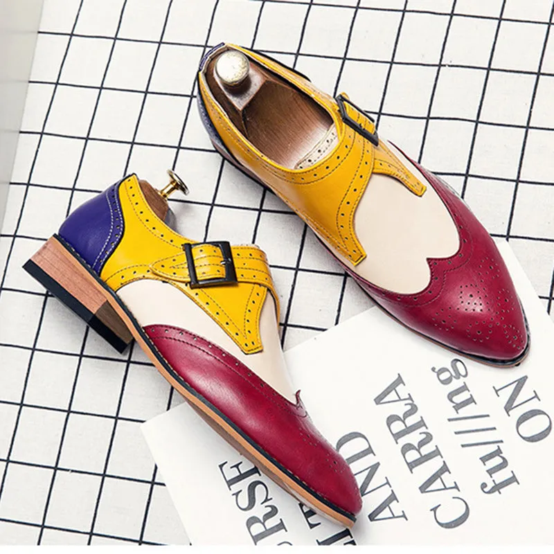 Men's color block wing tip carved monk shoes