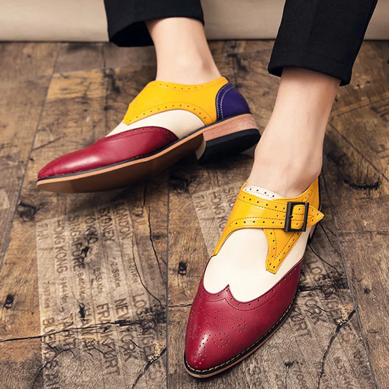 Men's color block wing tip carved monk shoes