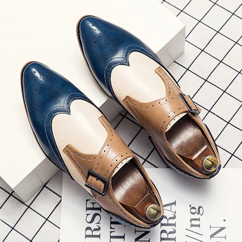 Men's color block wing tip carved monk shoes