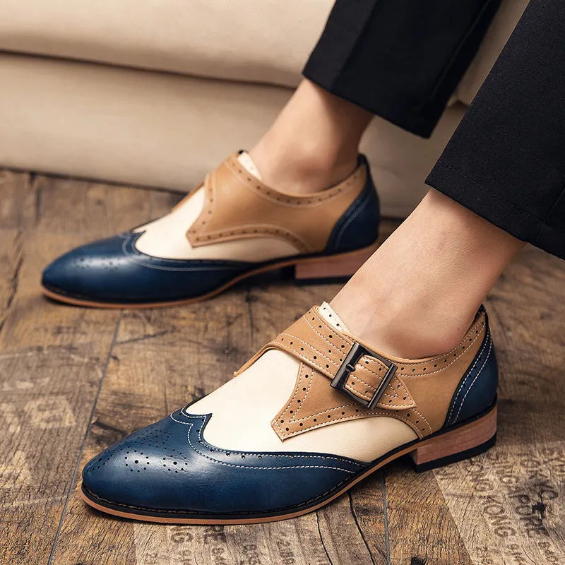 Men's color block wing tip carved monk shoes