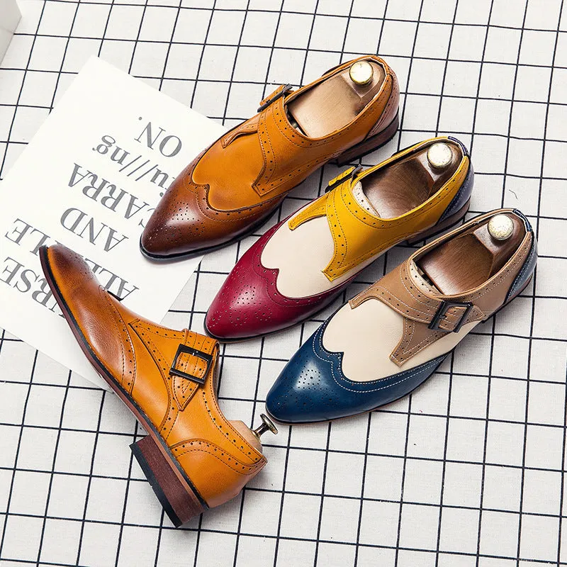 Men's color block wing tip carved monk shoes
