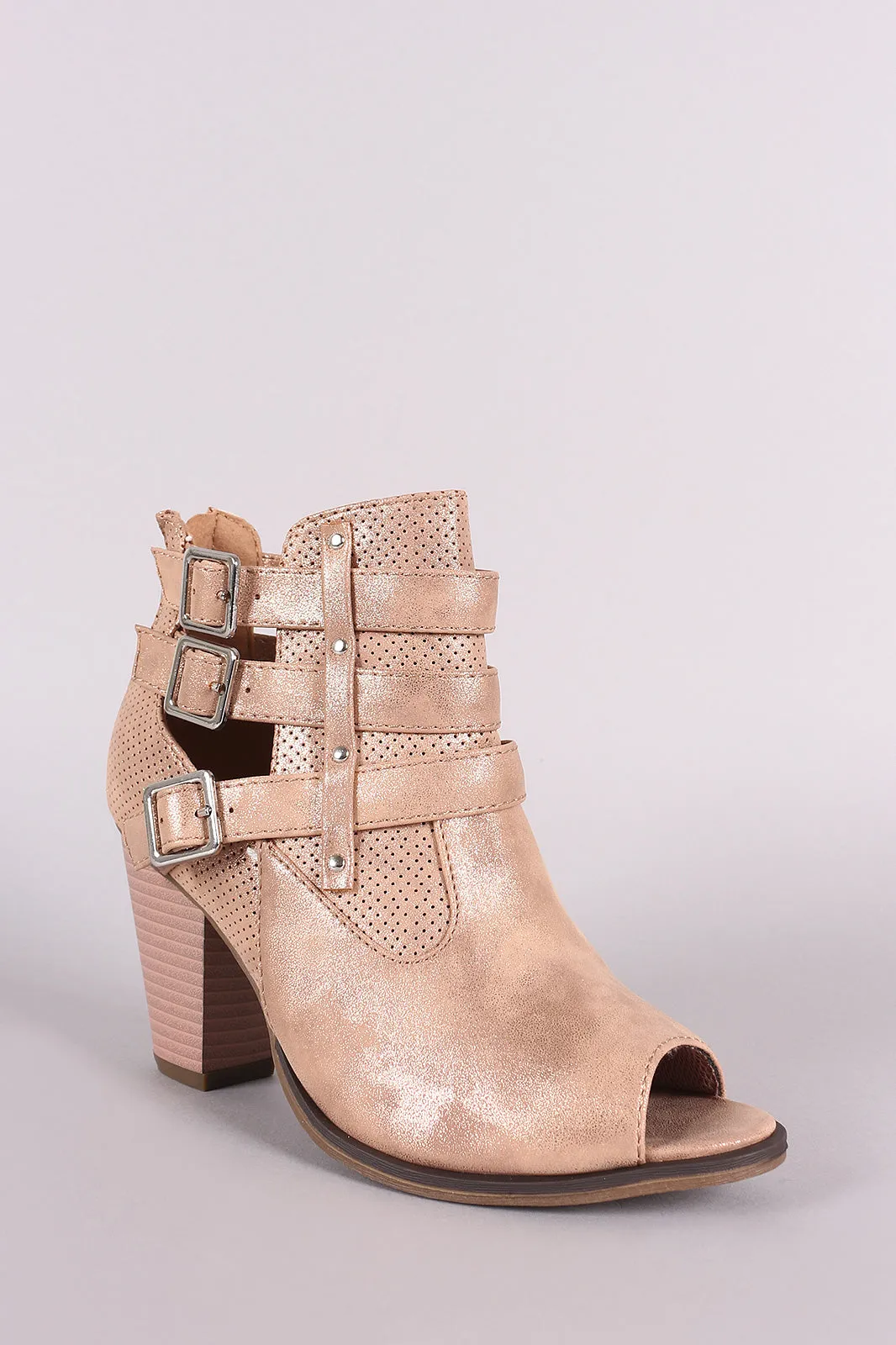 Perforated Buckles Accent Chunky Heeled Booties