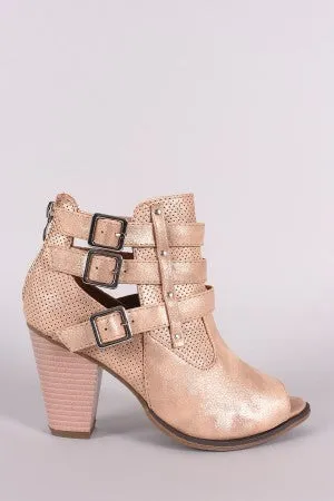 Perforated Buckles Accent Chunky Heeled Booties