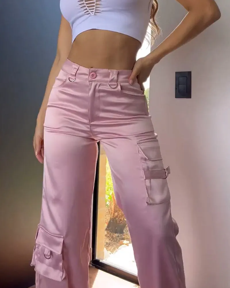 Satin Work Style Loose Casual Pants