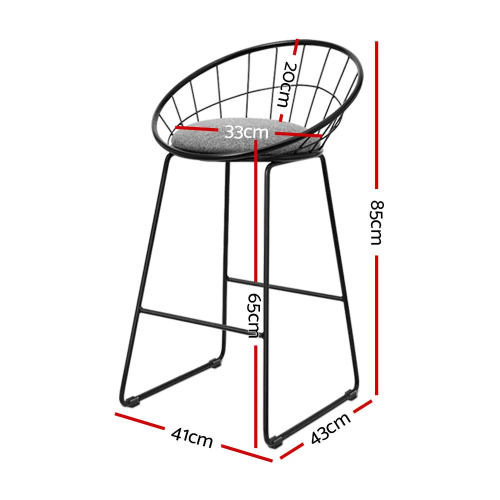 Set of 2 Bar Stools Steel Fabric Cushion Modern High Chair Kitchen - Grey and Black