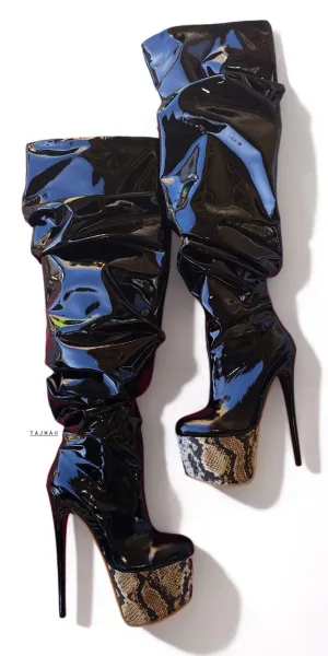 Slouchy Black Gloss Platform High Heel Boots