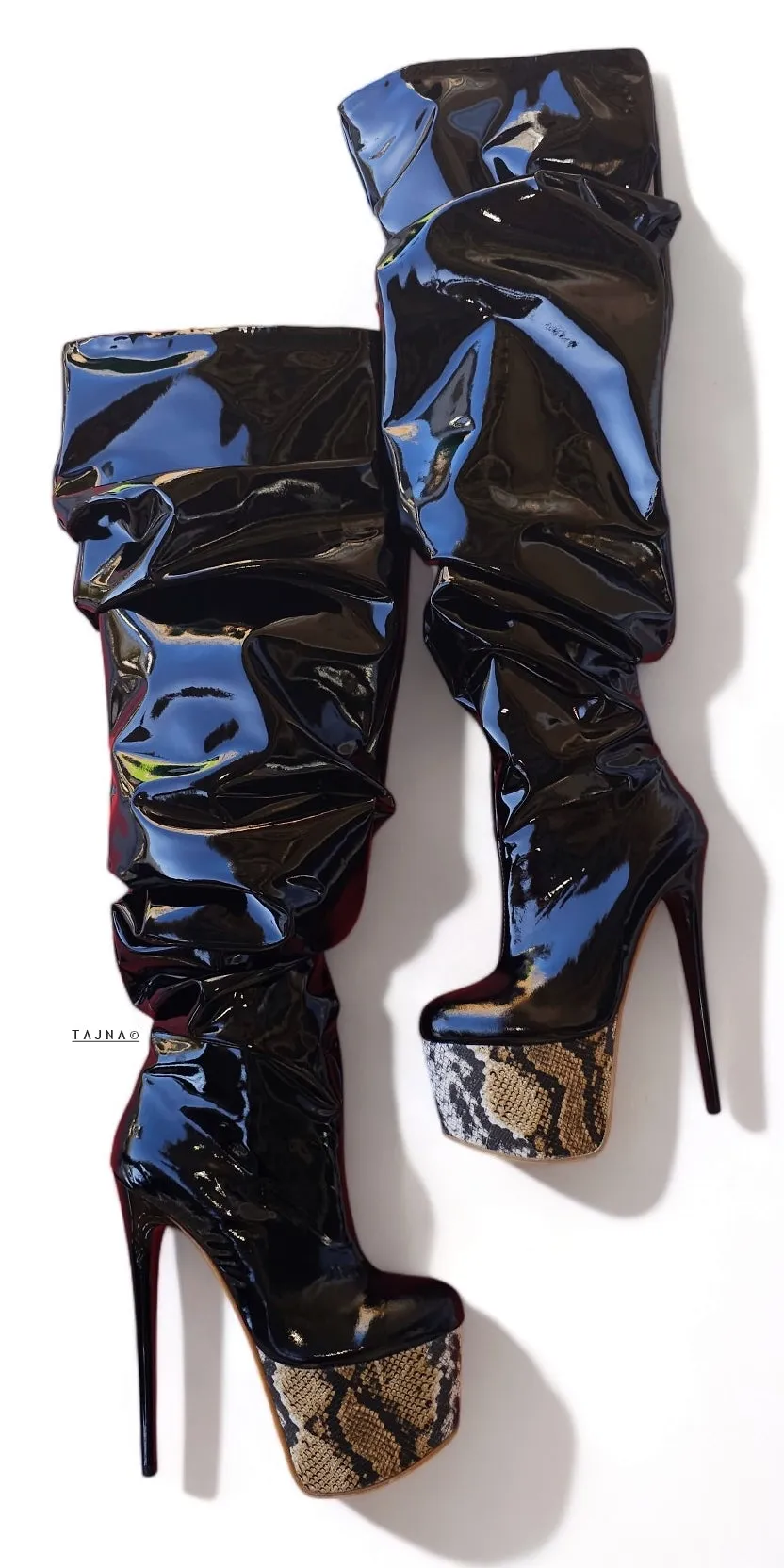 Slouchy Black Gloss Platform High Heel Boots