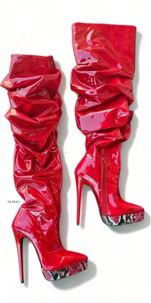 Slouchy Red Gloss Pointy Toe High Heel Boots
