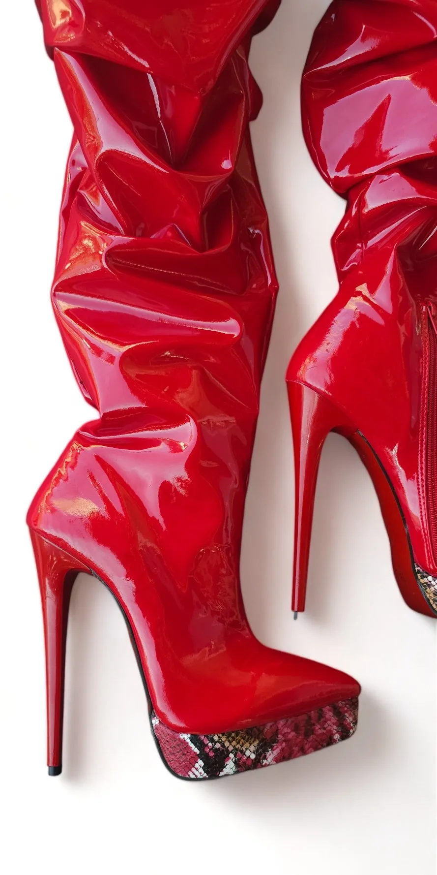 Slouchy Red Gloss Pointy Toe High Heel Boots