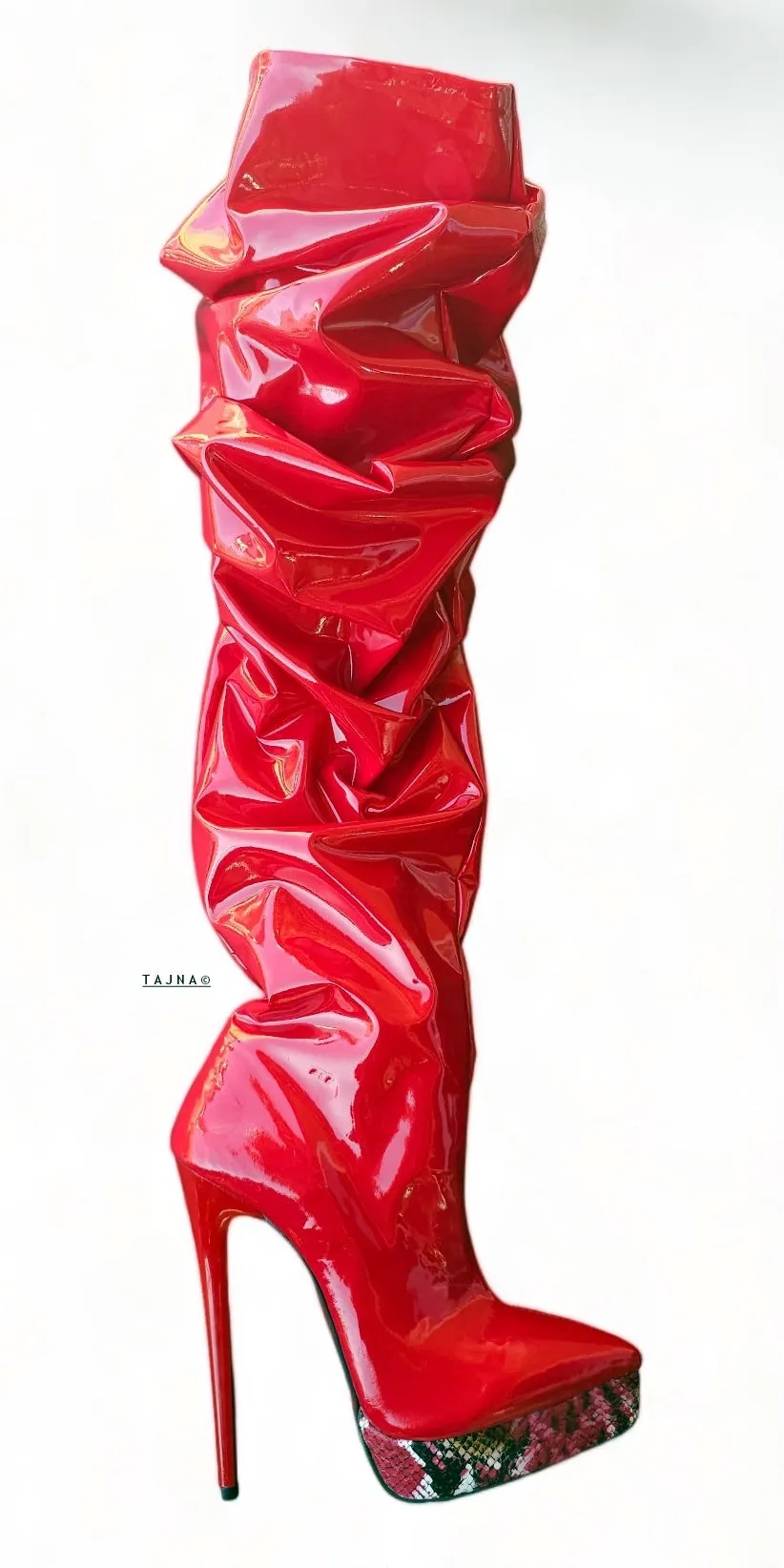 Slouchy Red Gloss Pointy Toe High Heel Boots